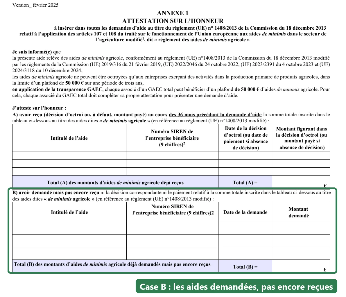 Le modèle d'attestation fourni par le guichet, version février 2025, avec la case B encadrée