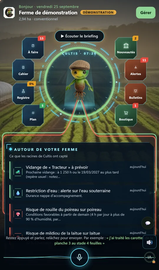 L'accueil de Cultis sur le téléphone : la mascotte au centre du cœur, et autour les pastilles À faire, Cahier, Registre, Plan, Nouveautés, Alertes, Bulletins et Boutique, le briefing à écouter, et ce qui se passe autour de la ferme.