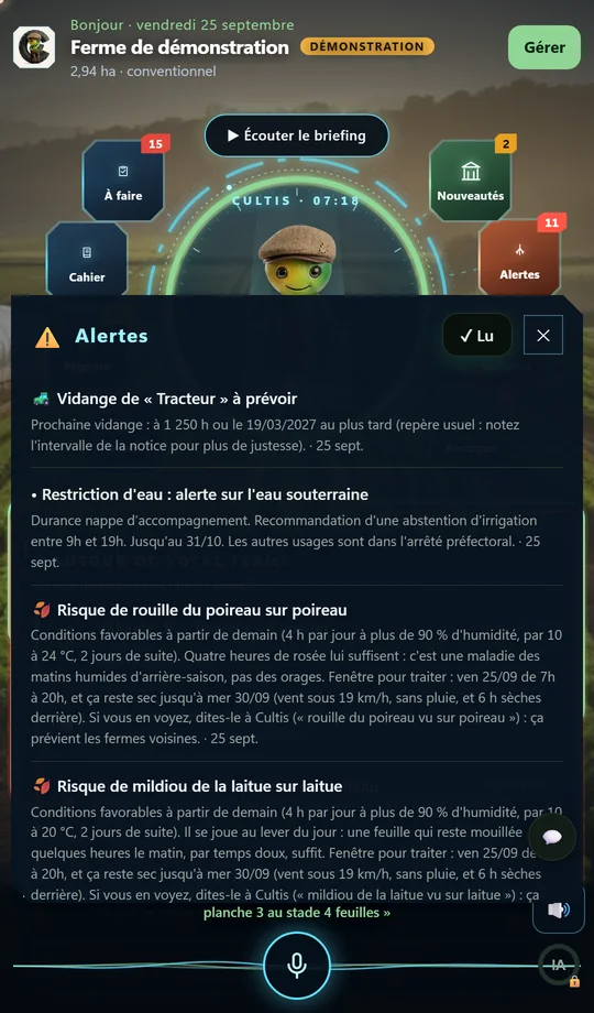 Les alertes de la ferme de démonstration : la vidange du tracteur à prévoir, la restriction d'eau en vigueur, les risques de rouille du poireau et de mildiou de la laitue, avec leurs conditions et la fenêtre pour traiter.