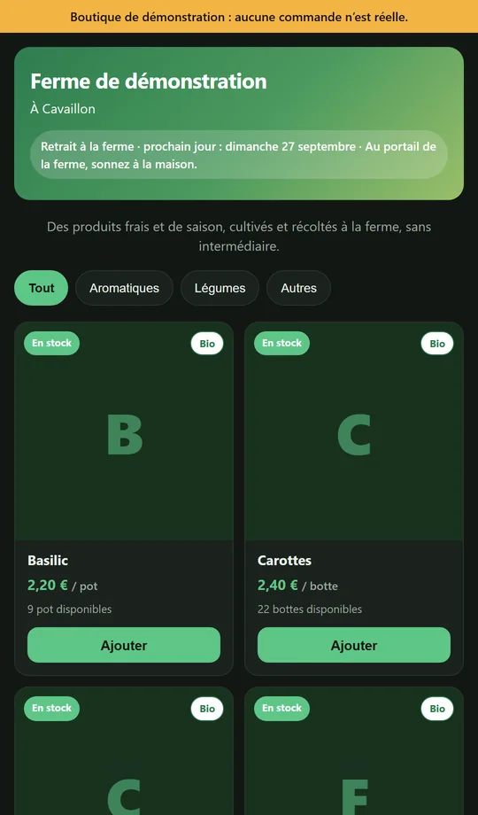 La boutique publique de la ferme de démonstration : le jour de retrait, les produits en stock avec leur prix et la quantité disponible.