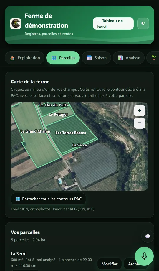 La carte de la ferme : une vue aérienne où les cinq parcelles sont tracées d'après leur contour déclaré à la PAC, avec leur nom, et le bouton pour rattacher tous les contours.