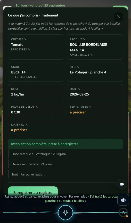 La capture de la dictée : ce que Cultis a compris d'une phrase de traitement, culture Tomate avec son code EPPO, la bouillie bordelaise avec son numéro d'AMM, stade BBCH 14, planche 4 du Potager, dose, date et heure : intervention complète, prête à enregistrer.