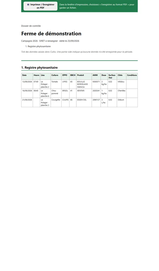Le dossier de contrôle de la ferme de démonstration, prêt à imprimer : le registre phytosanitaire en tableau, avec culture, code EPPO, stade BBCH, produit, AMM et dose.