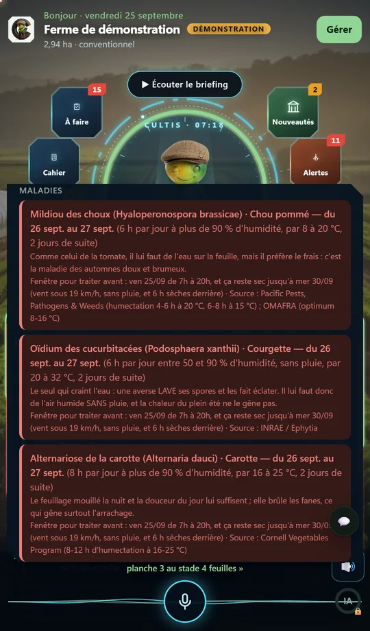 La liste des maladies suivies sur la météo de la ferme : oïdium des cucurbitacées, mildiou des choux, alternariose de la carotte, avec les conditions, la fenêtre pour traiter et la source.
