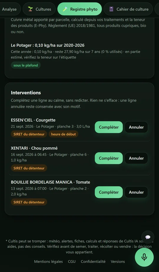 Le registre phytosanitaire de la ferme de démonstration : trois traitements, et sous chacun les informations qui manquent encore, à compléter en un geste.