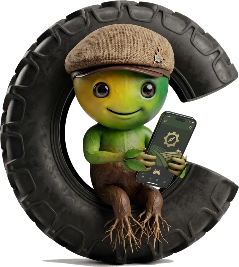 Cultis, la mascotte : une petite pousse à casquette, assise dans le C d'un pneu de tracteur, son téléphone à la main.