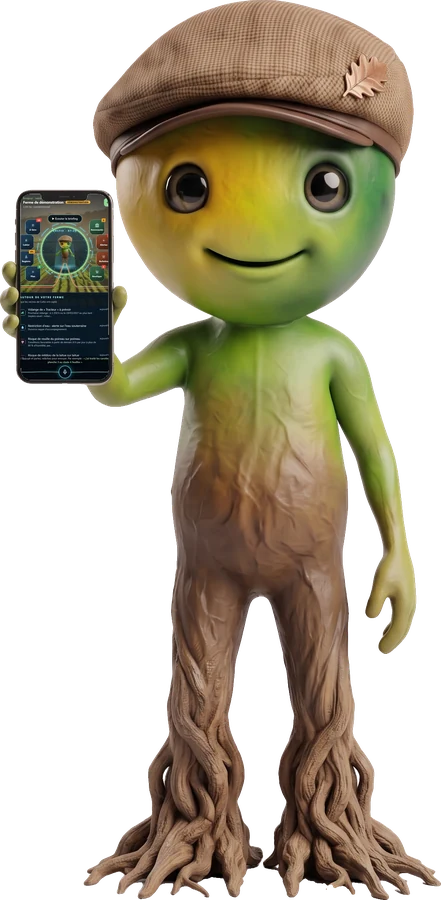 Cultis, la mascotte aux pieds-racines et à la casquette, montre son téléphone ouvert sur l’application.